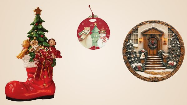 Decorazioni di Natale: stivale di Babbo Natale, pallina e ghirlanda in ceramica